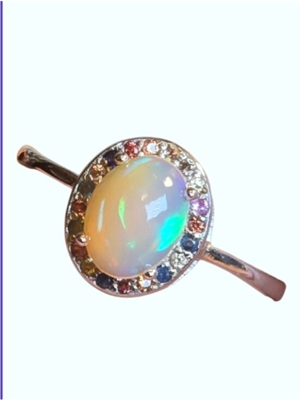 925 Sterling Silver Ring Sz 7 with Natural White Opal 6x8mm & Sapphire Gems.